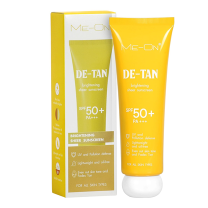 ME-ON De-Tan Brightening Sheer Sunscreen SPF 50+ PA+++ – Lightweight, Oil-Free, Evens Skin Tone