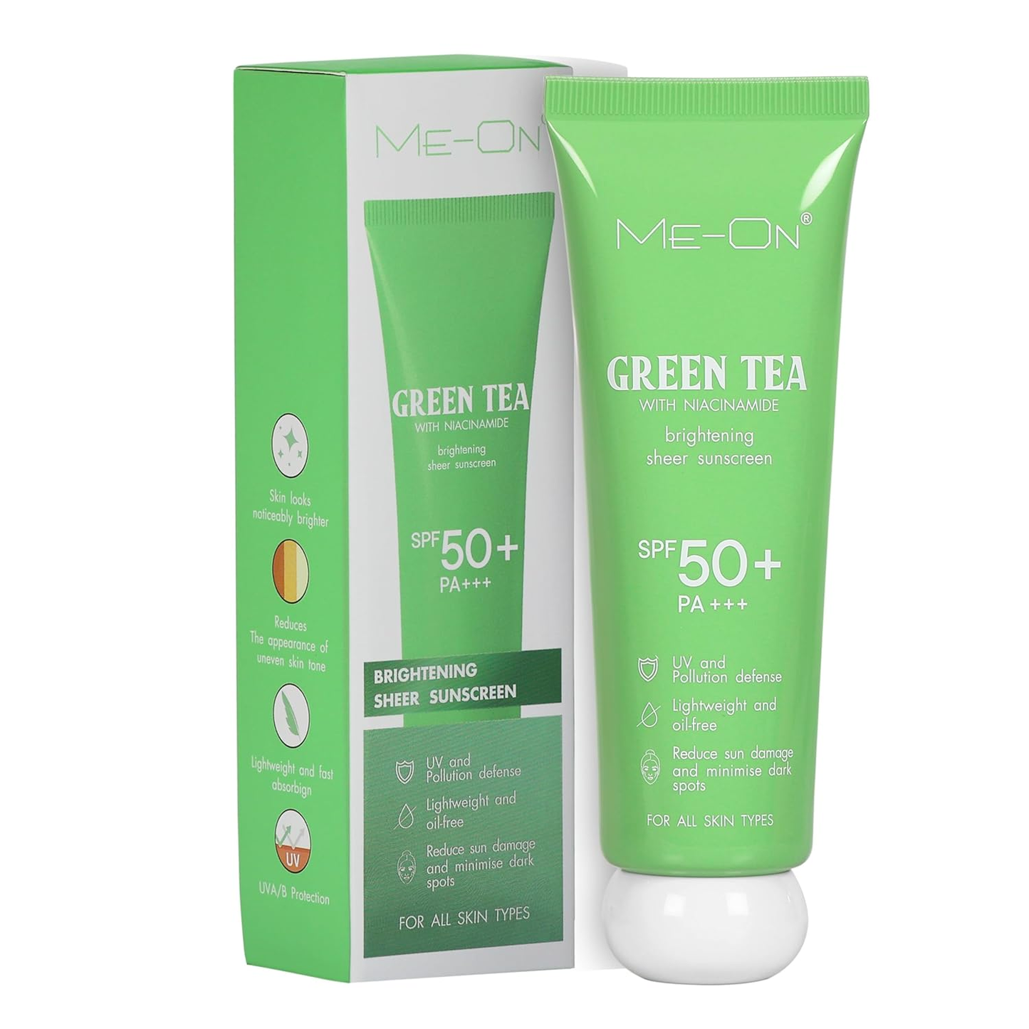 ME-ON Green Tea + Niacinamide Brightening Sheer Sunscreen SPF 50+ PA+++ – Lightweight, Zero White Cast